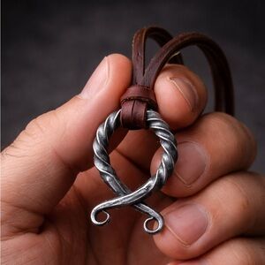 Twisted Iron Pendant on Brown Leather Cord Necklace